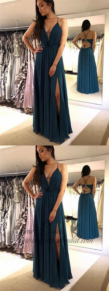 Spaghetti Straps Sexy Teal Side Slit Long Evening Prom Dresses, QB0420