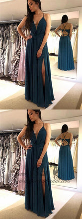 Spaghetti Straps Sexy Teal Side Slit Long Evening Prom Dresses, QB0420