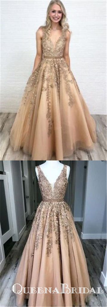 Ball Gown V Neck Open Back Gold Lace Long Prom Dresses with Beading, QB0583