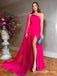 Rose Pink A Line Cape One Shoulder Sexy High Slit Elegant Formal Evening A-line Long Cheap Prom Dresses, PDS0044