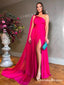 Rose Pink A Line Cape One Shoulder Sexy High Slit Elegant Formal Evening A-line Long Cheap Prom Dresses, PDS0044