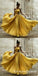 A-Line Halter Long Cheap Yellow Chiffon Prom Dresses with Applique, QB0504