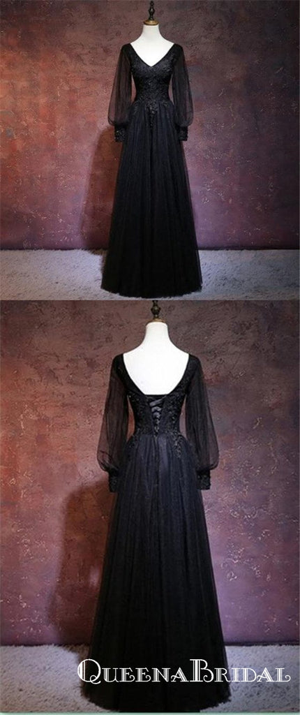 Elegant Black Tulle A-Line Prom Dress with Long Puff Sleeves-Gothic Lace Appliques Formal Dress, QB0754