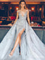 New Arrival Illusion Neckline Cap Sleeveless Grey Lace Mermaid Long Cheap Prom Dresses, PDS0071
