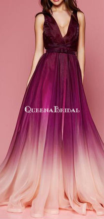 Maroon Ombre Prom Dresses V Neck Cheap Long Formal Dresses for Women, QB0316