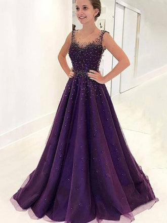 A-Line Scoop Sleeveless Sweep Train Purple Tulle Prom Dresses with Beading, QB0234
