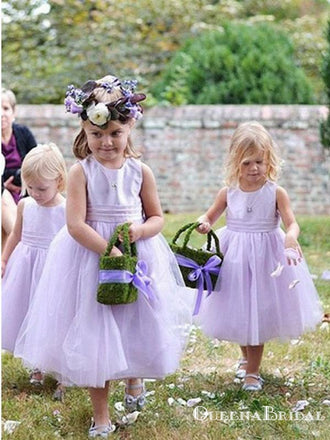 A-Line Scoop Neck Sleeveless Purple Tea Length Flower Girl Dresses, QB0822