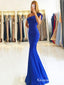 Mermaid One Shoulder Floor-Length Royal Blue Satin Prom Dresses with Ruffles, QB0254