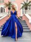 Simple A Line V Neck Spaghetti Straps Royal Blue Long Prom Dresses, QB0582
