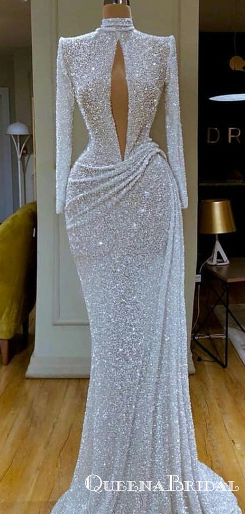 Gorgeous White Sequins High Neck Evening Gown with Keyhole Cut-out and Ruched, QB0929