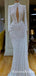 Gorgeous White Sequins High Neck Evening Gown with Keyhole Cut-out and Ruched, QB0929