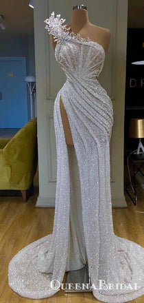 Sparkly Ivory One-Shoulder Sequined Prom Dress with High Slit and Crystal Detail, QB0928