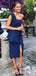 Sheath Strapless Navy Blue Knee Length Satin Bridesmaid Dresses with Split, QB0846