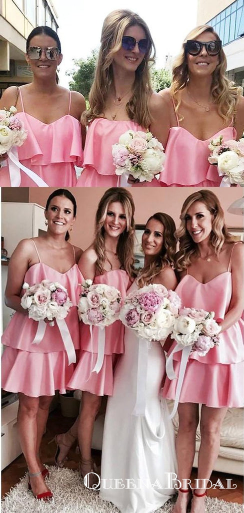 Cheap Spaghetti Straps Sleeveless Tiered A Line Short Bridesmaid Dresses, QB0680