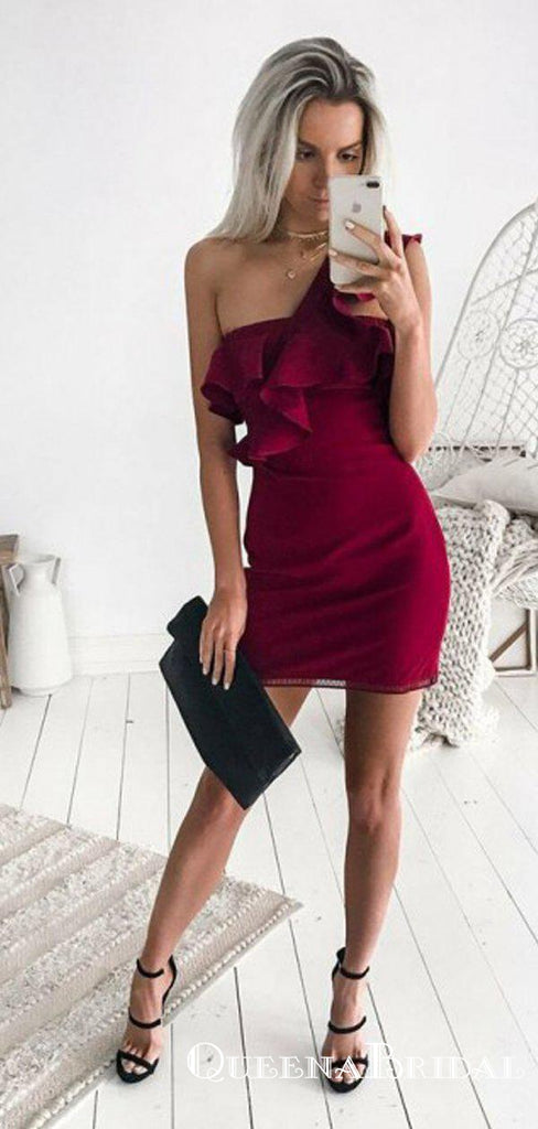 Charming Sheath One shoulder  Burgundy Satin Short Cheap Ruffles Homecoming Dresses, QB0904