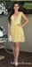 Charming A-Line Deep V-Neck Yellow Lace Beaded Backless Short Cheap Homecoming Dresses, QB0901