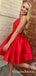 Simple A-Line V-Neck Criss-Cross Straps Red Satin Sleeveless Short Cheap Homecoming Dresses, QB0906