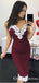 Burgundy Spaghetti Straps Sheath Lace 2019 Homecoming Dresses with Applique, QB0899