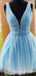 Cute A Line Deep V Neck Blue Short Homecoming Dresses With Beading, QB0894