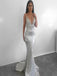 Mermaid Deep V-Neck Backless Sweep Train Silver Sequined Prom Dresses, TYP0240