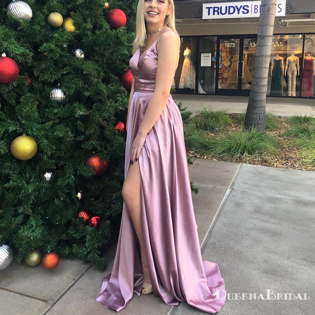 Simple Pink Spaghetti Strap Long Cheap Prom Dresses with Cross Back, QB0664