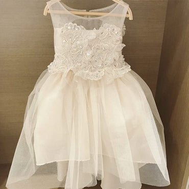 Lovely Round Neck Open Back White Flower Girl Dresses with Appliques&Beaded, QB0230