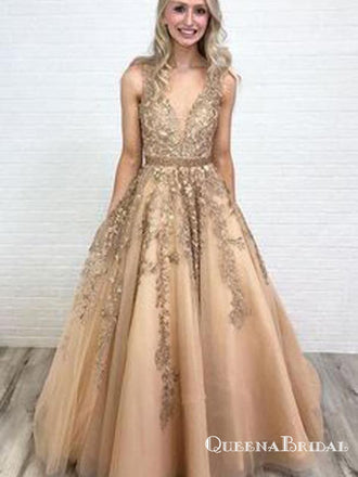 Ball Gown V Neck Open Back Gold Lace Long Prom Dresses with Beading, QB0583