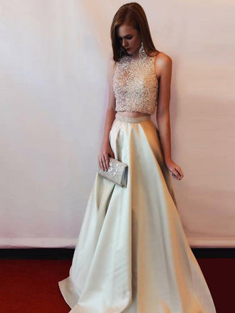 Two Piece A-Line Round Neck Light Champagne Satin Prom Dresses with Beading, QB0244