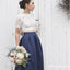 Two Piece Crew Short Sleeves Navy Blue Satin Bridesmaid Dresses with Lace, QB0810