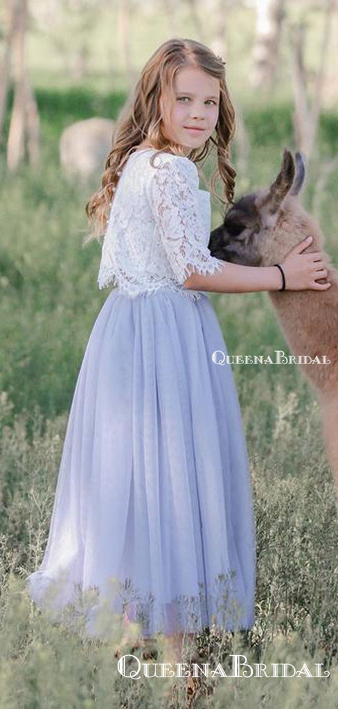 Cute Two Piece Half-Sleeves Tulle Long Cheap A-line Flower Girl Dresses, FGS0002
