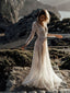 Sparkly V-neck Long Sleeve Sequin A-line Long Cheap Beach Wedding Dresses, WDS0042