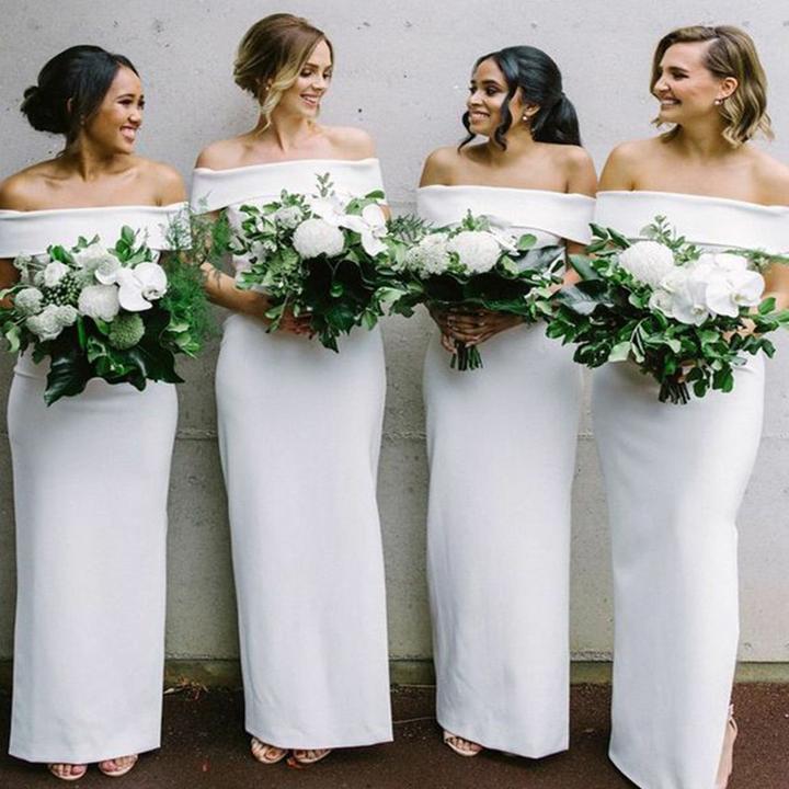 Tight Off-Shoulder Asymmetrical White Satin Bridesmaid Dresses Online, QB0210