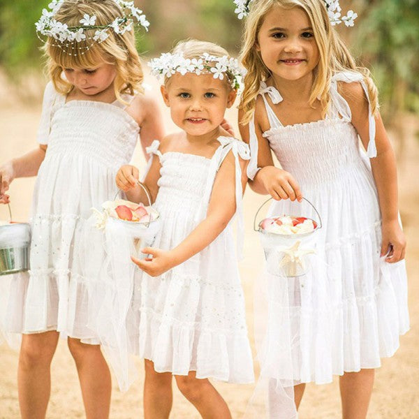 Cute A-Line Spaghetti Straps White Long Cheap Flower Girl Dresses with Bow Knot, QB0099