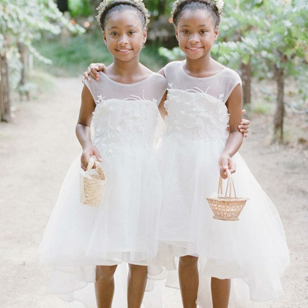 A-Line Round Neck High Low White Tulle Cheap Flower Girl Dresses with Appliques, QB0084