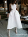 A-Line Spaghetti Straps Backless Tea-Length White Prom Dresses with Pockets, QB0493