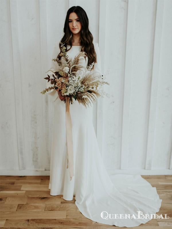 Long Sleeves Scoop Charming Elegant Ivory Satin Long Cheap Mermaid Wedding Dresses, QB0934