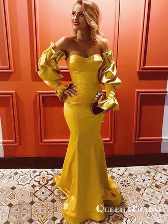 Yellow Long Mermaid Evening Gowns Sweetheart Prom Dresses with Sleeves, QB0774